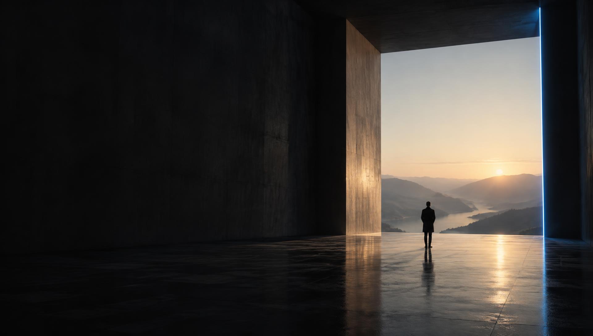 A creator facing an open architectural aperture at sunrise